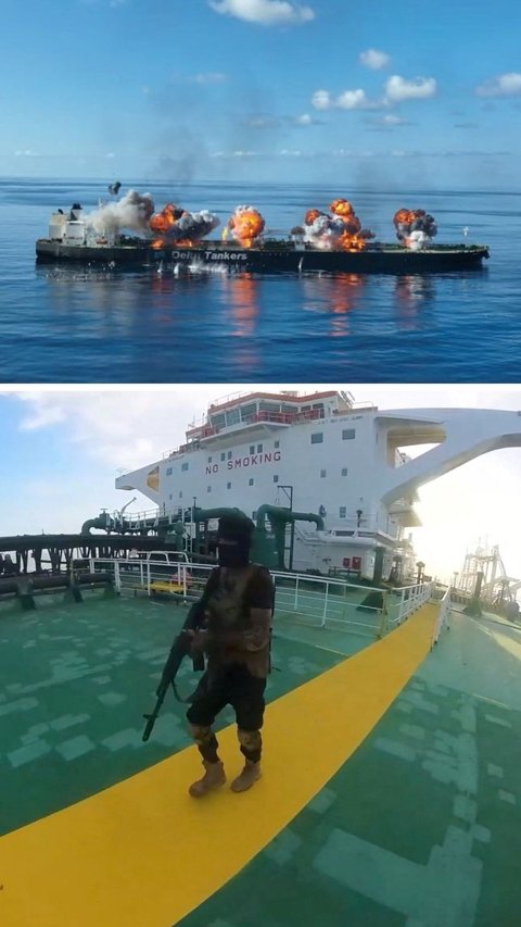 FOTO: Laut Merah Membara, Detik-Detik Militan Houthi Serang dan Bakar Kapal Tanker Angkut 150.000 Ton Minyak Mentah