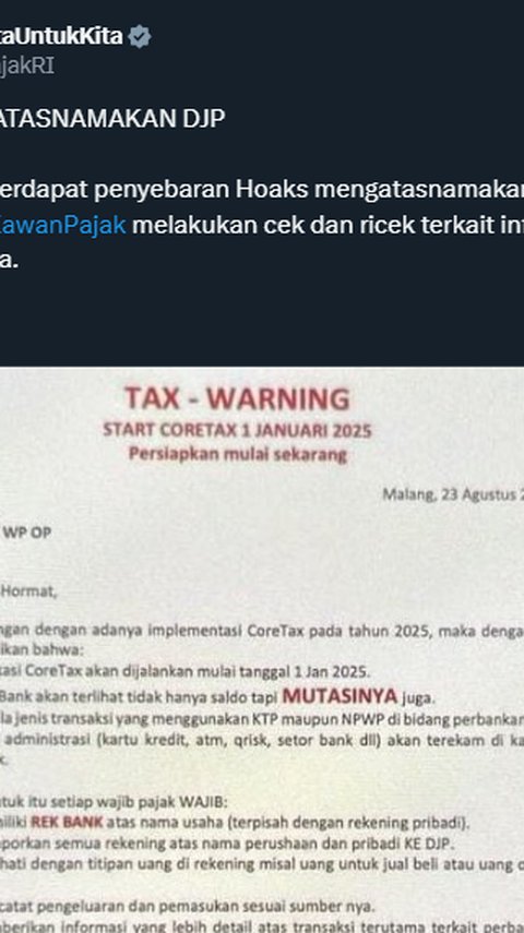 CEK FAKTA: DJP Bisa Akses Mutasi Rekening Imbas CoreTax Mulai 2025?