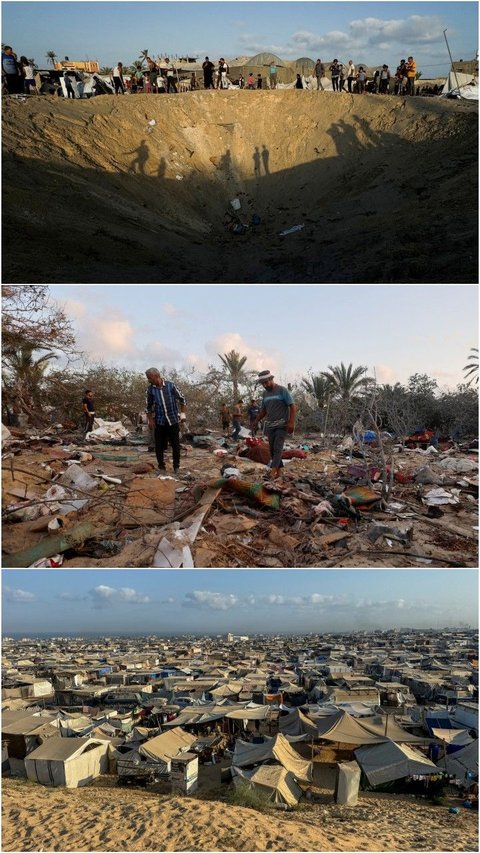 FOTO: Kamp Pengungsian Al Mawasi di Gaza Usai Serangan Brutal Israel dan Tewaskan 40 Warga Palestina, Kondisinya Hancur dan Ada Kawah Besar