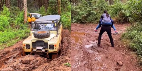 Mobil Pensiunan Komjen Polri Nyangkut saat Off Road, Terpaksa Jalan Kaki Gendong Cucu Nyaris Terpeleset