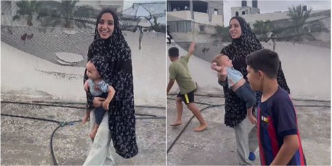 Momen Manis Ibu & Anak Gaza Bermain di Tengah Genosida Israel, saat Hujan Turun Langsung Berdoa Isinya Luar Biasa