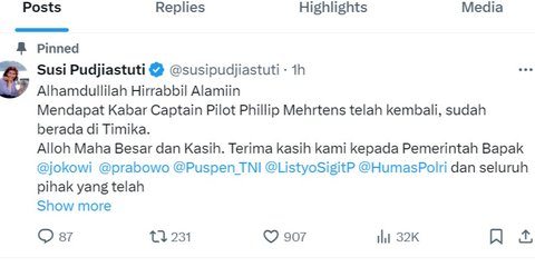 Susi Pudjiastuti: Alhamdulillah Captain Pilot Philip Telah Kembali