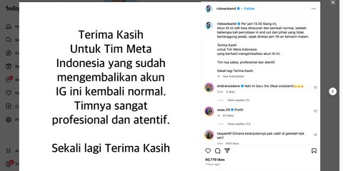Sempat Dihack, Akun Instagram Ridwan Kamil Sudah Pulih