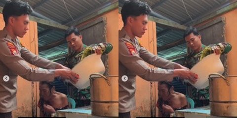 Menyentuh Hati, Momen Abang Adik TNI Polri Memandikan Ibunya yang Sakit, Netizen 'Dua Saudara Mandikan Surganya'
