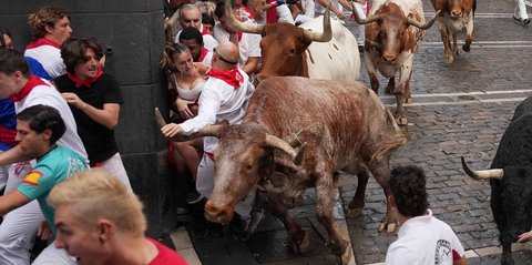 FOTO: Kengerian Festival Lari Banteng di Spanyol, Enam Peserta Dilarikan ke Rumah Sakit