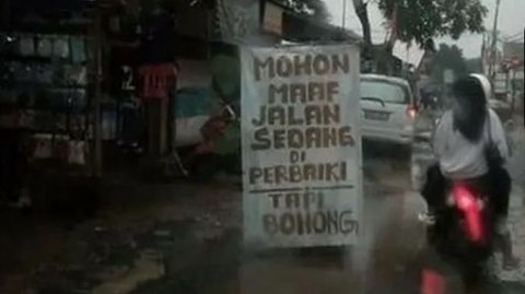 6 Potret Tulisan di Jalan Berlubang Ini Penuh Sindiran Pedas, Sampai Dijadikan Kolam Ikan