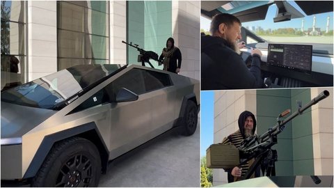 FOTO: Garang! Ini Penampakan Tesla Cybertruck Berubah Jadi Mobil Perang, Ada Senapan Mesin di Atapnya