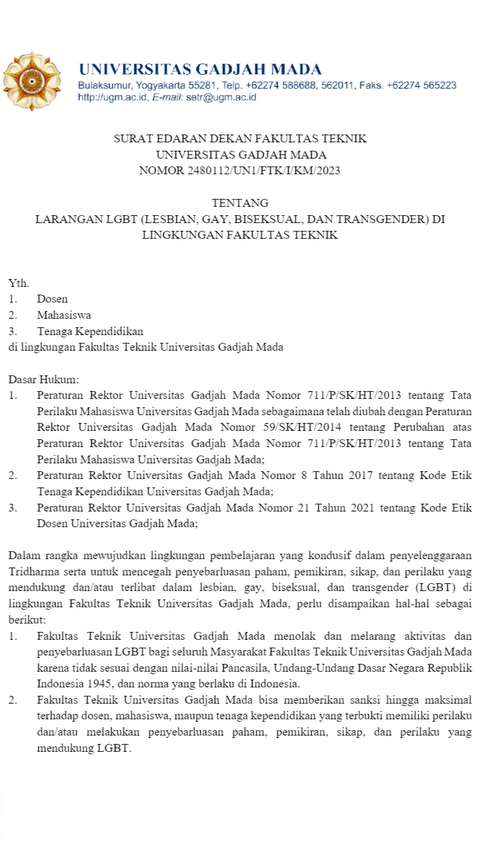 Circular Letter Prohibiting LGBT on Campus Circulates, Here's the Explanation from the Faculty of Engineering UGM