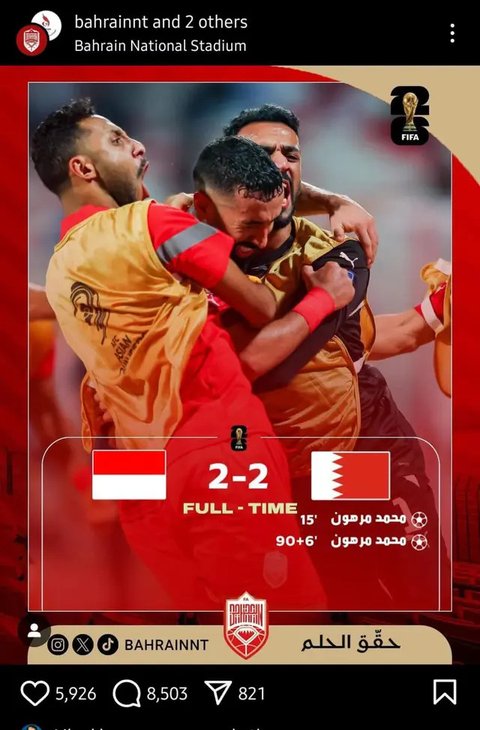 Aneh! Akun Instagram Resmi Timnas Bahrain Tulis Gol Kedua ke Gawang Timnas Indonesia pada Menit ke-6 Injury Time