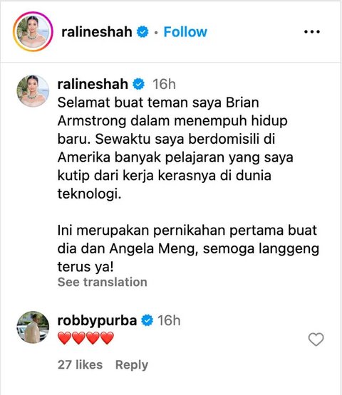 Raline Shah Klarifikasi Isu Pernah Dinikahi Brian Armstrong: Ini Pernikahan Pertama Dia dan Angela Meng