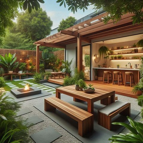 Desain Dapur Terbuka dengan Taman di Belakang Rumah, Fungsional, Estetik dan Asri