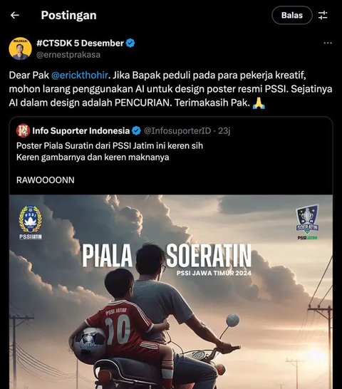 PSSI Pakai Teknologi AI Buat Bikin Poster, Ernest Prakasa Sindir Erick Thohir Legalkan Pencurian Ide Kreatif