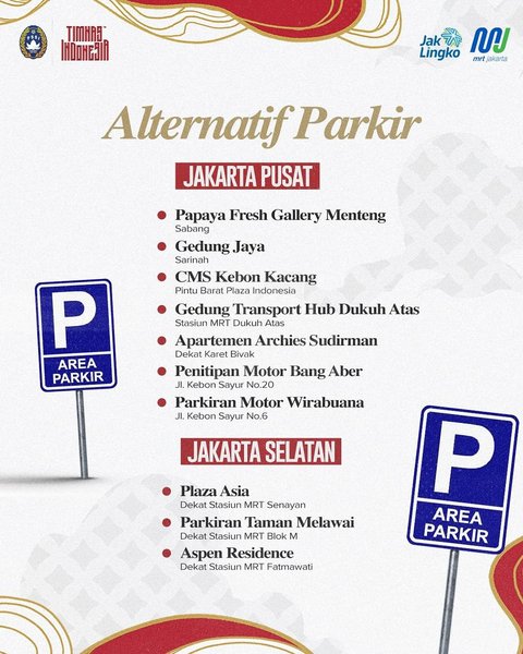 Gratis Naik MRT, Catat ini Titik Parkir Kendaraan saat Nonton Timnas Indonesia di GBK