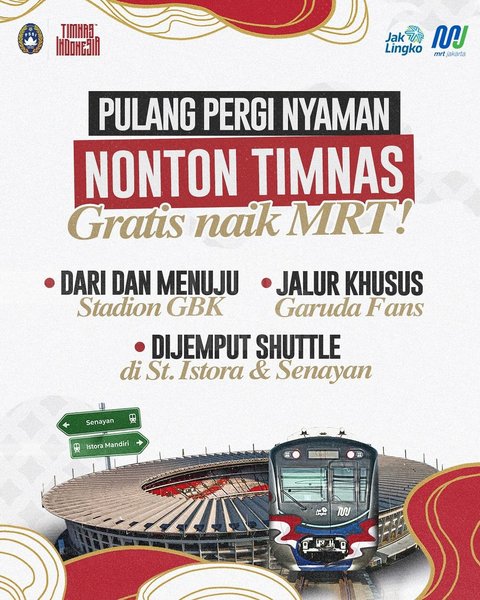 Gratis Naik MRT, Catat ini Titik Parkir Kendaraan saat Nonton Timnas Indonesia di GBK