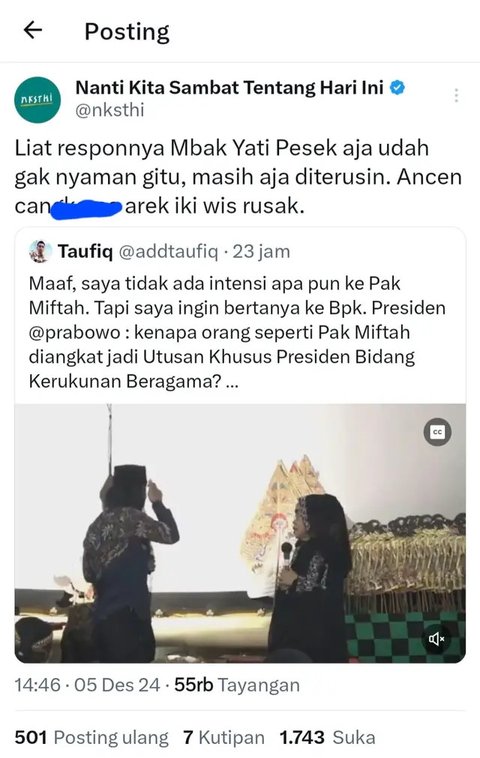 Beredar Video Lama Miftah Maulana yang Rendahkan Seniman Yati Pesek Viral, Publik Ramai Beri Kecaman