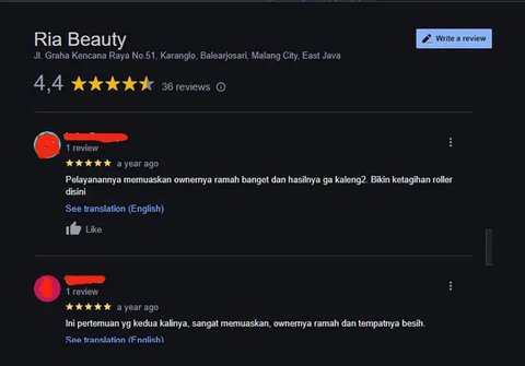 Menengok Rating Ria Beauty Care Malang di Google, Ternyata Masih Banyak Orang Percaya