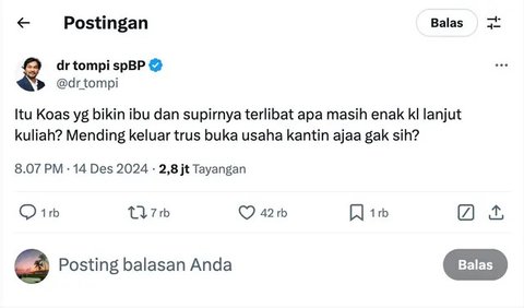 Tompi Sentil Lady Aurellia Setelah Penganiaya Dokter Koas Unsri Tersangka: Apa Masih Enak Lanjut Kuliah?