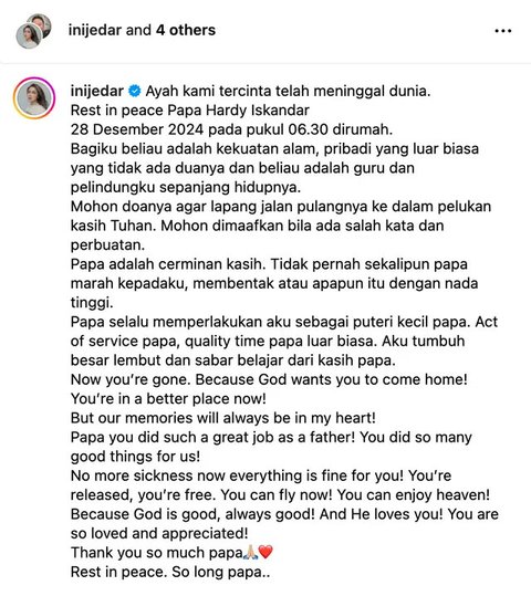 Jessica Iskandar Kenang Kepergian Sang Ayah Hardy Iskandar: Tidak Pernah Sekalipun Papa Marah Padaku