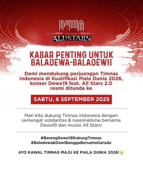 Konser Dewa 19 Featuring All Stars 2.0 Ditunda demi Laga Timnas Indonesia vs Bahrain, Simak Alasan Lengkapnya