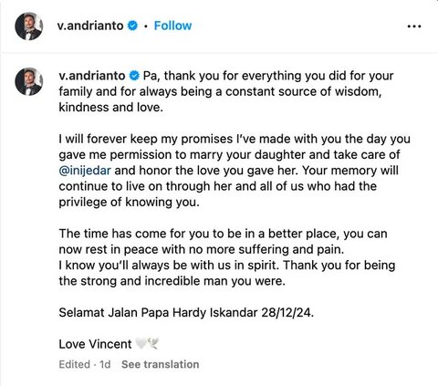 Vincent Verhaag Tulis Surat Terbuka untuk Mendiang Hardy Iskandar Ayah Jessica Iskandar, Begini Isinya