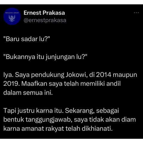 Ernest Prakasa Minta Maaf Sudah Mendukung Jokowi Dua Kali di Pilpres: Saya Tidak Akan Diam karena Amanat Rakyat Telah Dikhianati