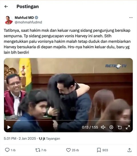 Kritik Pedas Mahfud MD Lihat Hakim Eko Haryanto Tersenyum saat Harvey Moeis Peluk Sandra Dewi saat Sidang Berlangsung