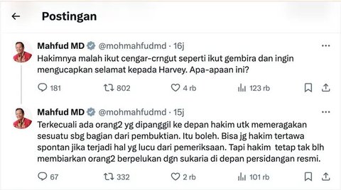 Kritik Pedas Mahfud MD Lihat Hakim Eko Haryanto Tersenyum saat Harvey Moeis Peluk Sandra Dewi saat Sidang Berlangsung