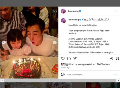 Jenazah Johnny Wong Ayah Baim Wong Akan Dimakamkan di Purwakarta