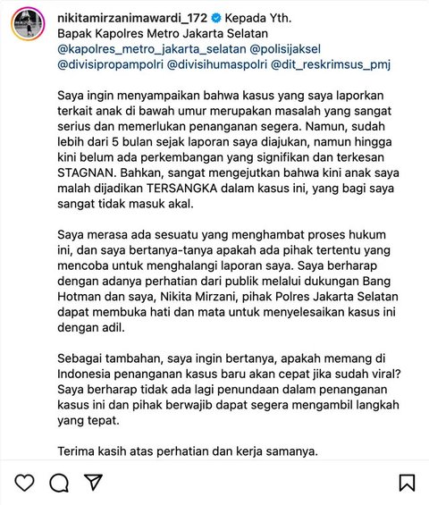 Nikita Mirzani Tulis Surat Terbuka ke Kapolres Jaksel: Mengejutkan, Kini Anak Saya Malah Jadi Tersangka