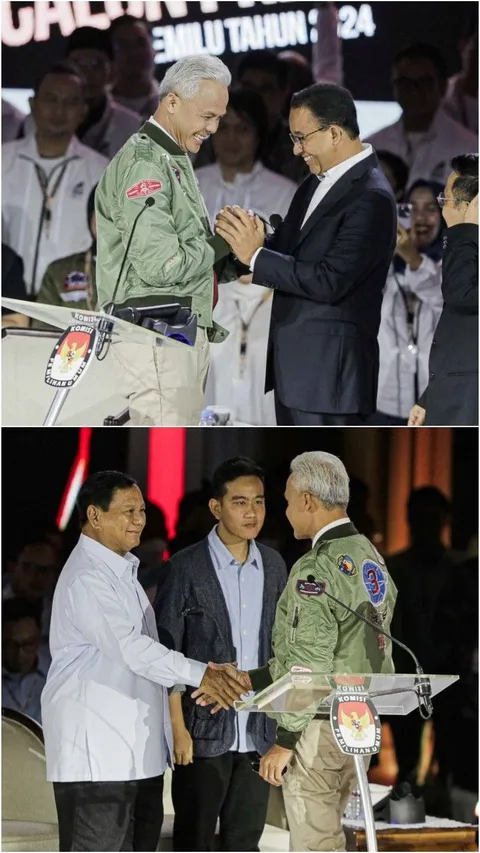 FOTO: Ekspresi Tiga Pasangan Calon Presiden Saling Sapa dan Umbar Senyuman saat Memulai Debat Ketiga Capres 2024