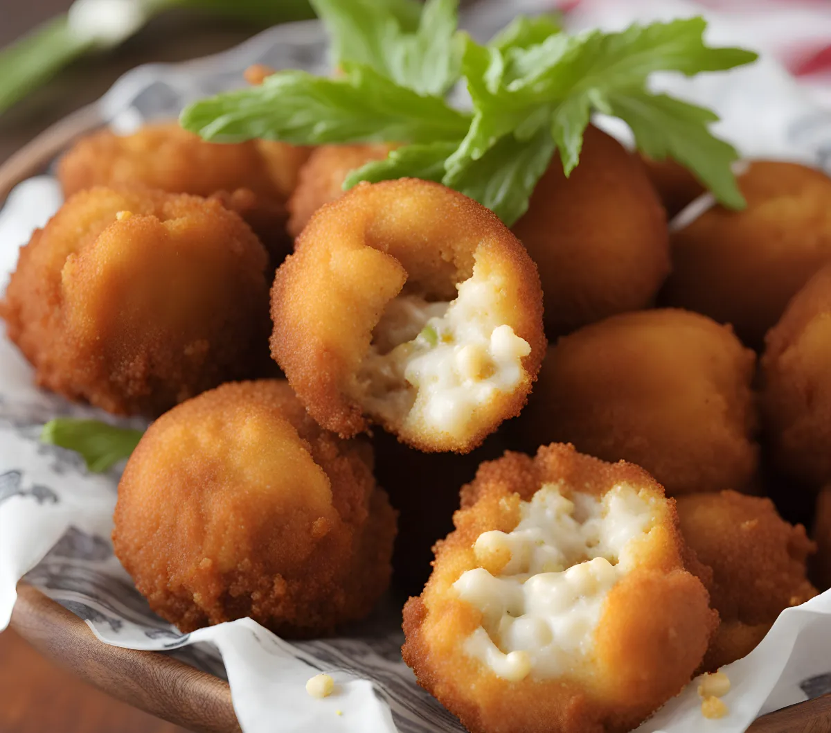 3. Gently fold in the crumbled bacon and chopped green onions into the batter.<br><br>4. Heat vegetable oil in a deep fryer or a heavy-bottomed pot to 350°F (175°C).<br>