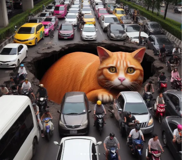 10 Potret Kucing Raksasa Nongol di Lubang Jalan, Menggemaskan di Tengah