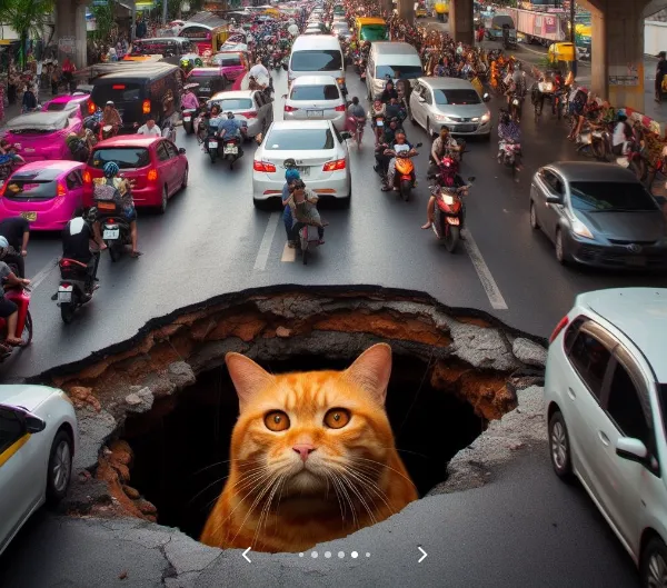 10 Potret Kucing Raksasa Nongol di Lubang Jalan, Menggemaskan di Tengah
