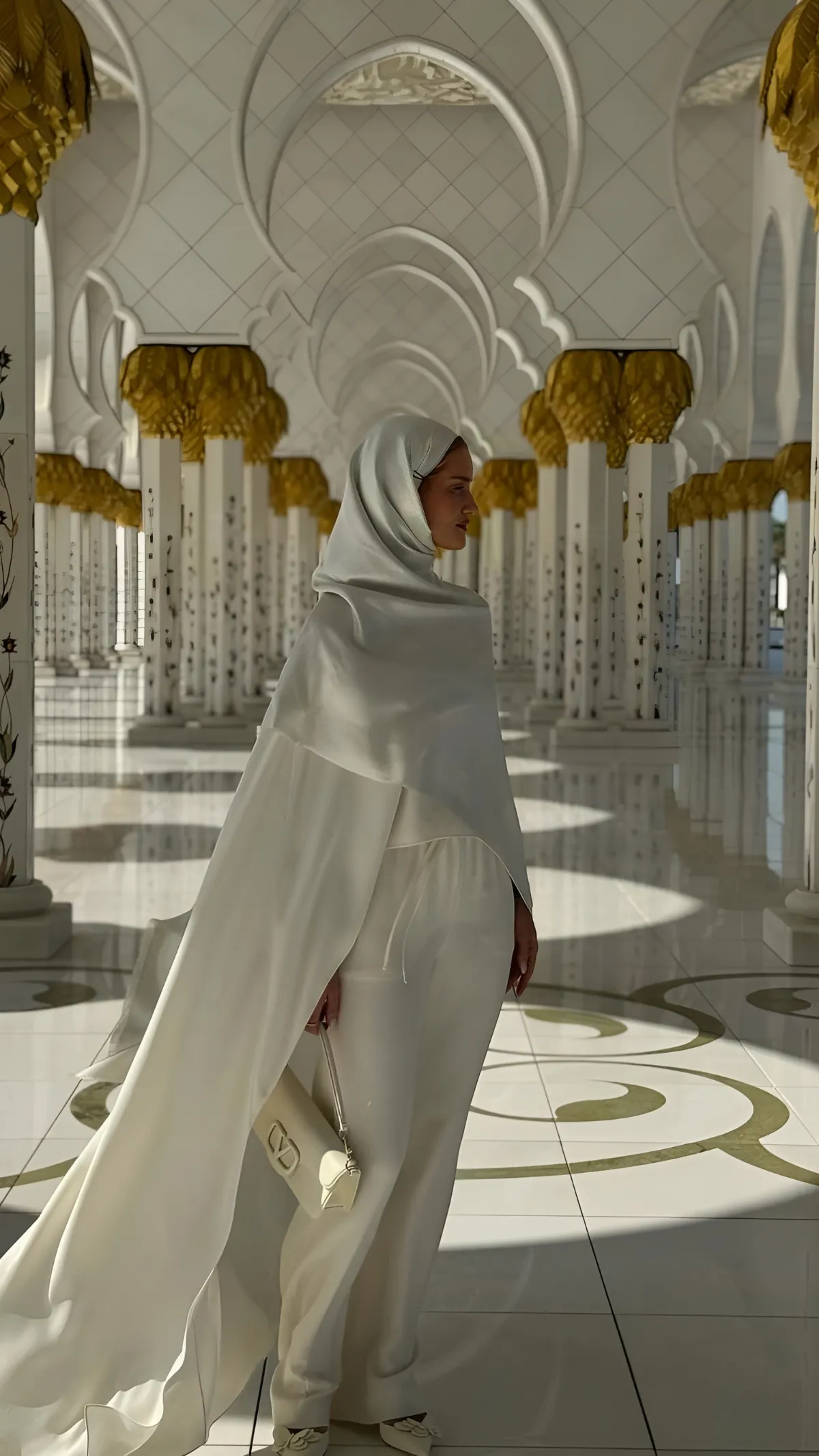 Potret Aktris Rosie Huntington Pakai Kerudung di Grand Mosque Centre, Abu Dhabi