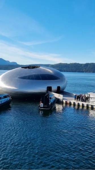 The restaurant is claimed to be the largest floating art installation in the world and a think tank for salmon farming groups.