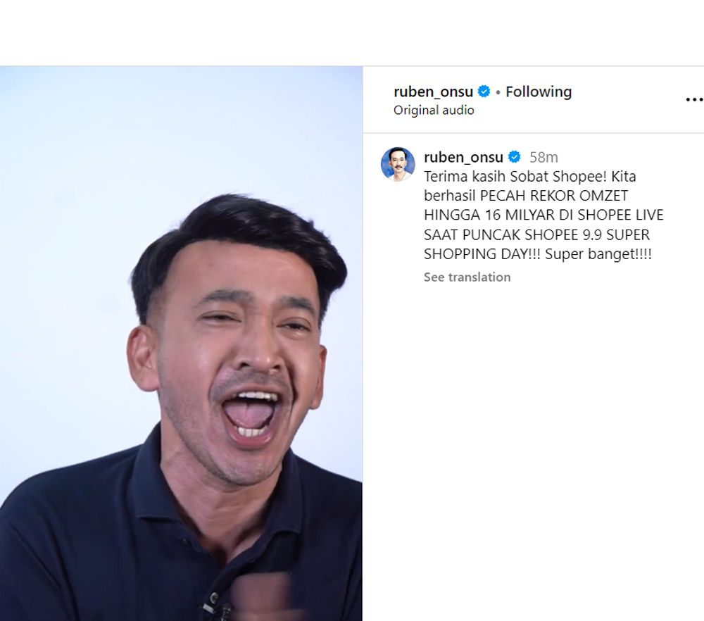 Rekor Baru Shopee Live, Ruben Onsu Raup Omzet Rp16 Miliar di Puncak Kampanye Shopee 9.9