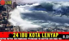 Thumbnail video memperlihatkan gelombang tinggi tsunami yang akan menerjang perkotaan dan dikaitkan dengan klaim bahwa sejumlah kota di Yogyakarta tersapu gelombang tsunami.<br>