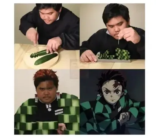 <br>Kamado Tanjiro's Demon Slayer anime clothes are cosplayed using only cucumbers.<br>