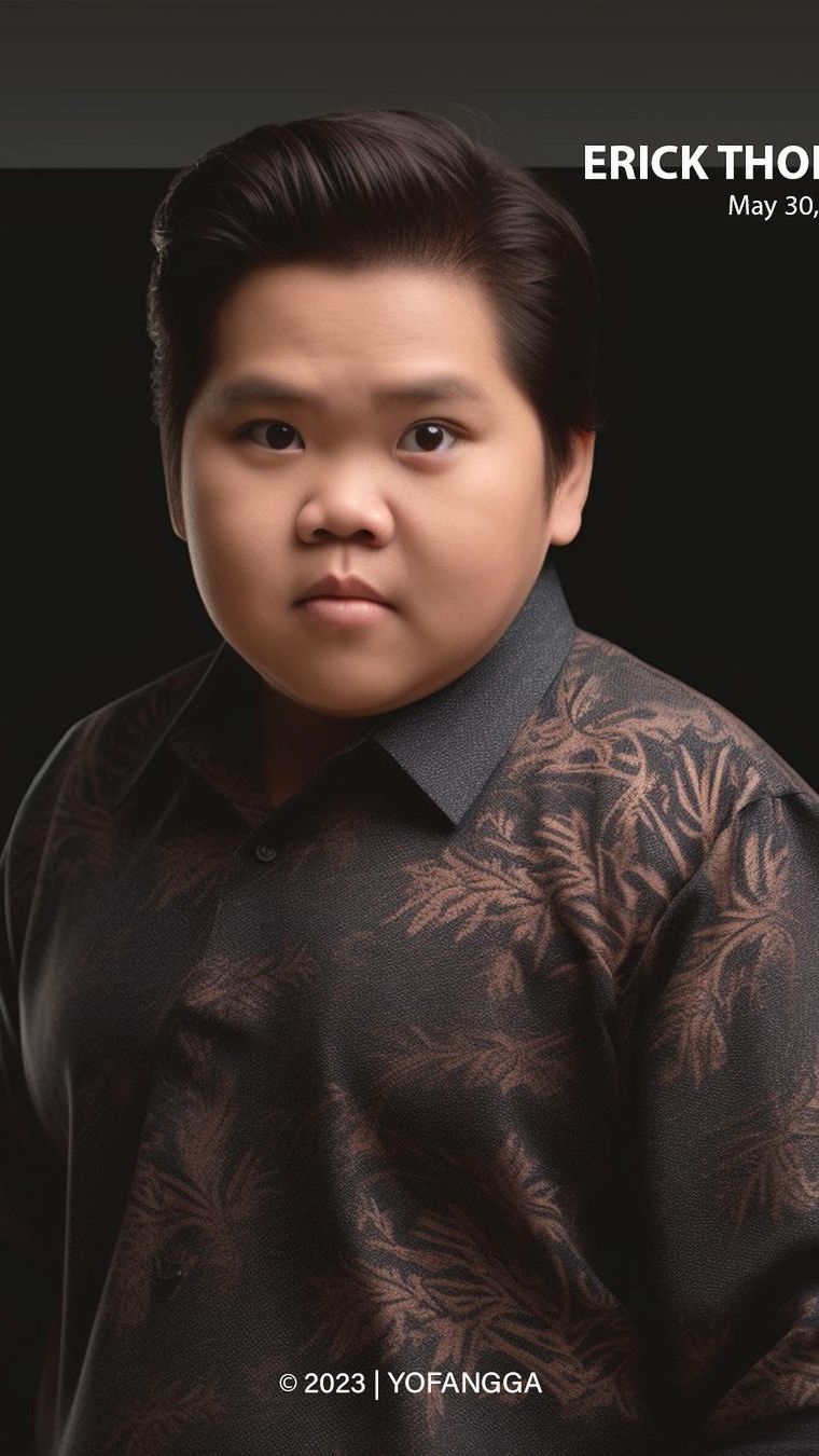 Wajah Menteri BUMN Erick Thohir, versi anak-anak tampak bagai bos kecil. Sepintas memang mirip banget sama yang versi sekarang ya?
