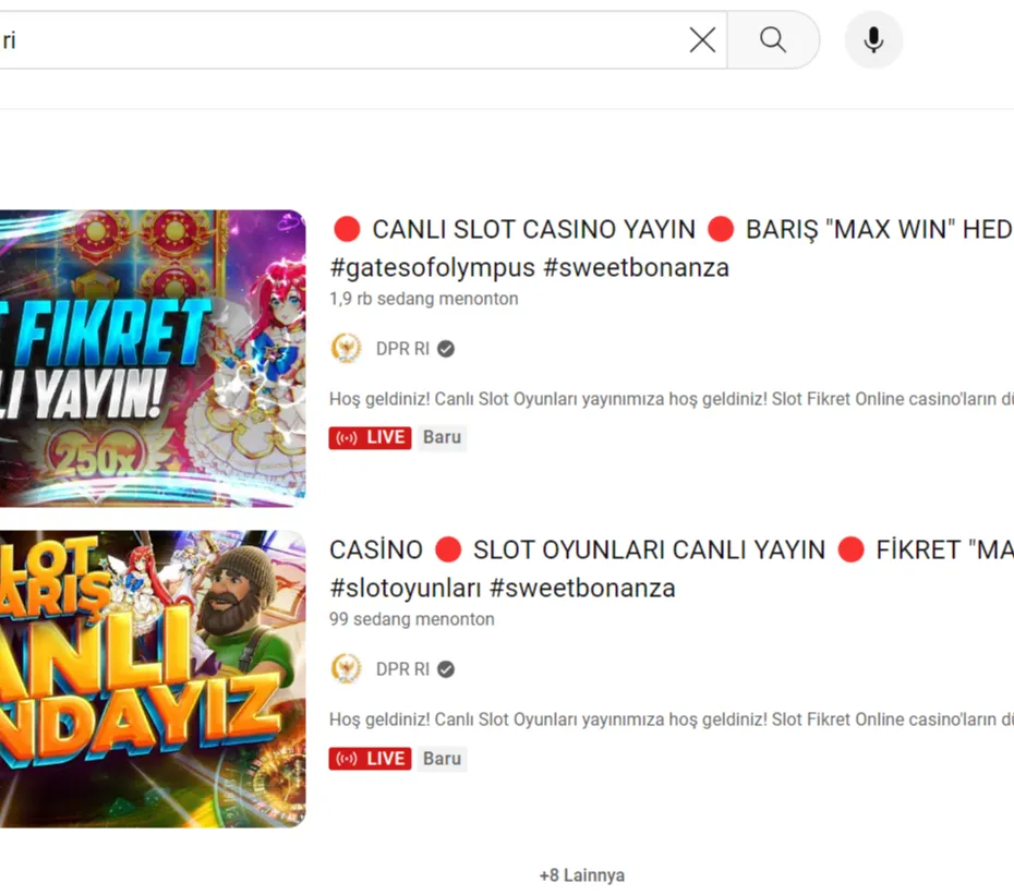 Hingga berita ini ditulis pada pukul 10.38 WIB siaran langsung judi online di Youtube DPR RI masih berlangsung.