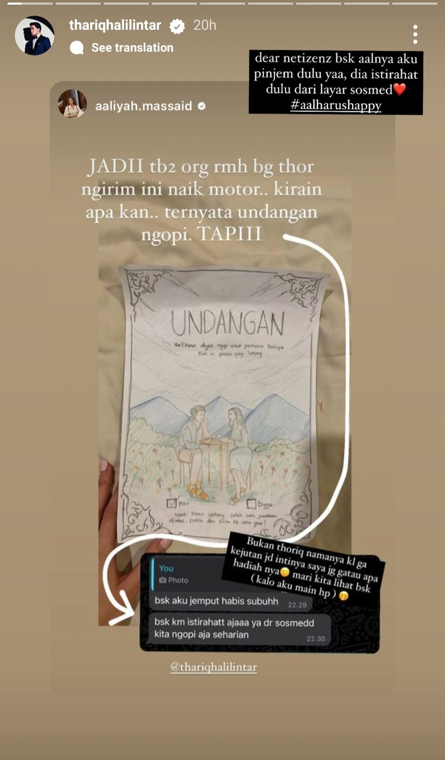 Thariq Halilintar awalnya mengajak Aaliyah untuk ngopi. Bahkan, ia membuat undangan super romantis.