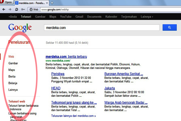 Tampilan side bar Google di Opera