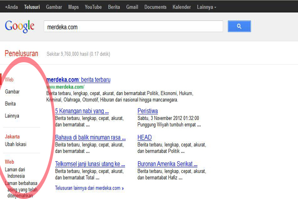 Tampilan side bar Google di Mozilla Firefox awal