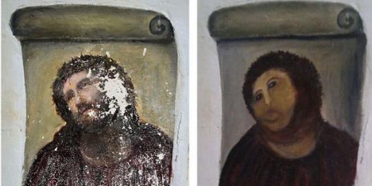Dirusak, lukisan wajah Yesus berganti rupa gorila