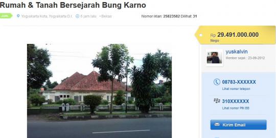 Rumah bersejarah Soekarno dijual Rp 29 M di tokobagus.com