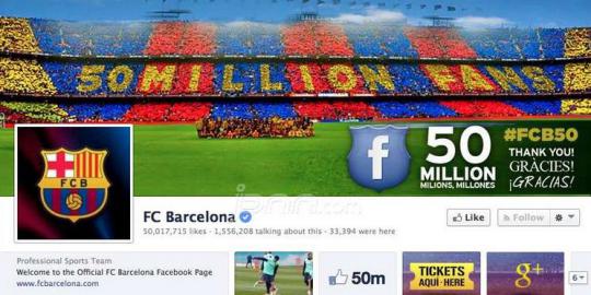 Barcelona fc, klub pertama yang miliki 50 juta fans di Facebook