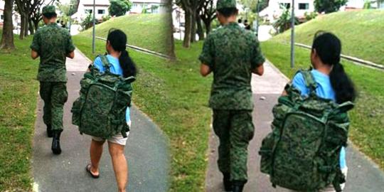 Tentara Singapura lembek, ransel dibawakan pembantu wanita
