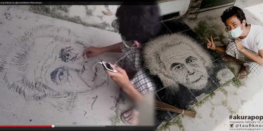 Ini video Taufik saat pembuatan lukisan Einstein dari abu Kelud