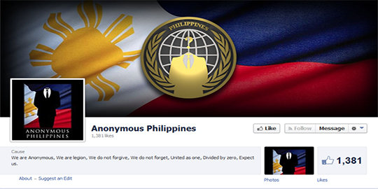 Facebook hapus fanspage Anonymous Filipina karena serang China