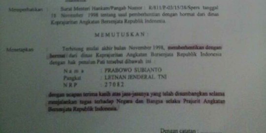 Tim Prabowo pamer surat pemberhentian dengan hormat dari Habibie